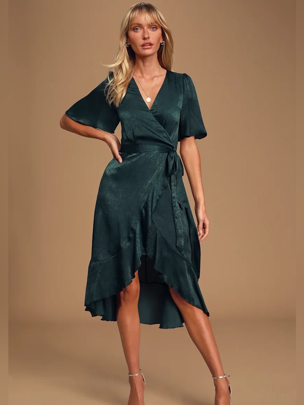 Lulu’s Wrapped Up In Love Satin Faux-Wrap Midi Dress | Black, Medium